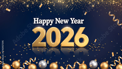 2026 Happy New Year greeting card. Banner with 2026 gold numbers with shining particles, glow light effect and glitter texture