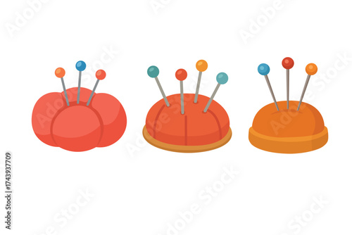 Colorful flat vector illustration of pin cushions with needles and pins, isolated on white background.