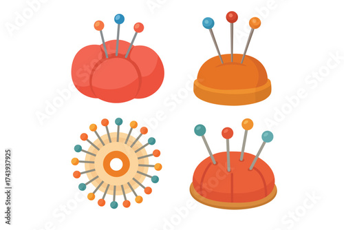 Colorful flat vector illustration of pin cushions and sewing pins, isolated on white background.