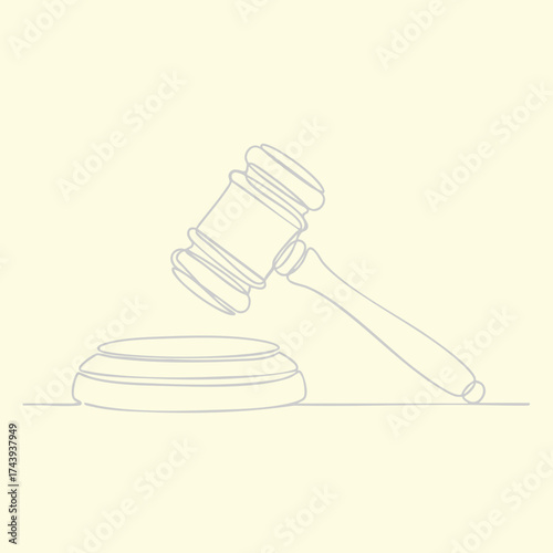 Single-line drawing of a judge's gavel striking a sound block, symbolizing law, justice, and legal proceedings in a minimalist style