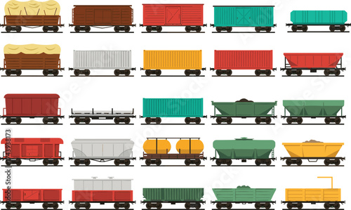 Train car icons, freight transport, boxcar, flatcar, tank car, hopper, gondola, cargo rail, colorful vector set, logistics, industrial shipping, railway design