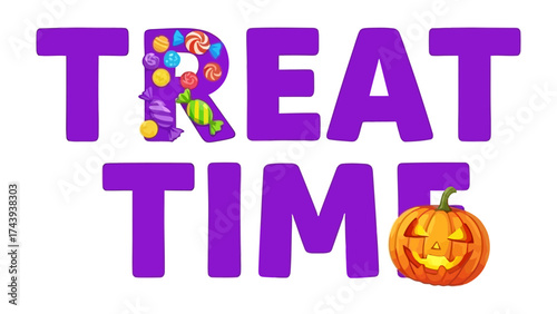 Spooky Treat Time Illustration: A whimsical illustration captures the essence of Halloween with the words TREAT TIME artfully designed with candies and complemented by a grinning jack-o'-lantern.