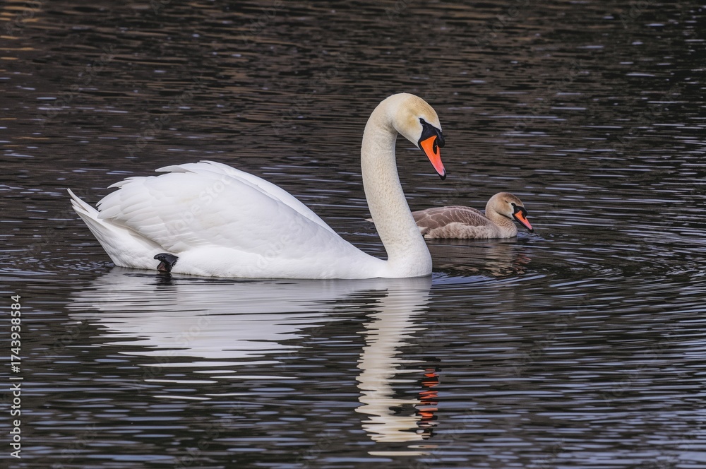 Naklejka premium Graceful white swan gliding across a serene pond with clear water reflections