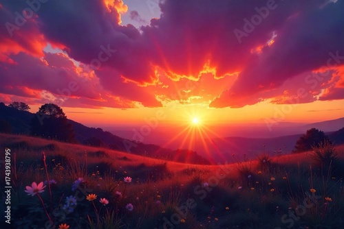 Breathtaking Sunset Vibrant Orange and Purple Hues Paint the Sky, Golden Glow on Calm Landscape