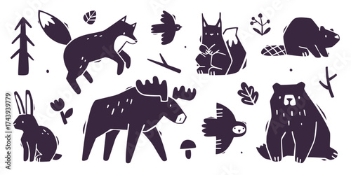 Forest animals abstract silhouette collection. Set of cutout wild animals.