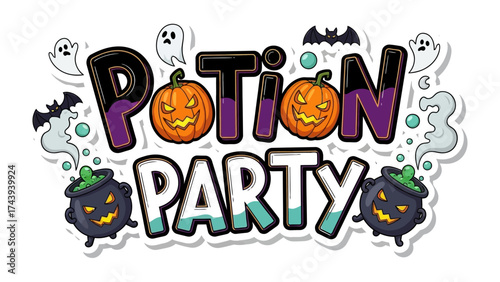 Potion Party: A vibrant cartoon illustration invites you to a playful Halloween celebration, with spellbinding cauldrons and enchanted pumpkins.