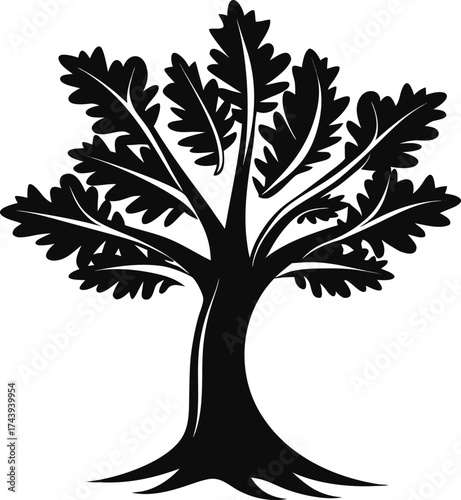 Stylized silhouette of an oak tree with deeply lobed leaves