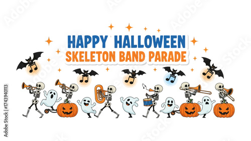 Halloween Skeleton Band Parade Illustration: A festive illustration of a Halloween parade, featuring a skeleton band marching joyfully with ghosts, pumpkins, and bats.