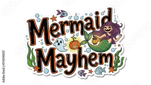 Mermaid Mayhem: Festive illustrations of a mermaid amidst Halloween elements, portraying a whimsical blend of fantasy and seasonal celebration. 
