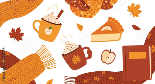 Cozy Autumn Season Still Life with Hot Drinks, Pie, Book, and Scarves
