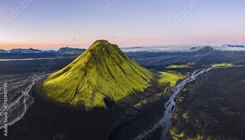 Moss-covered mountain Mælifell, Maelifell, behind glacier Myrdalsjökull, Icelandic Highlands, Iceland