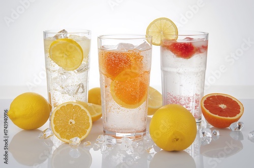 Chilled low-calorie beverages featuring citrus and icy mineral water glasses on a bright backdrop; Perfect summer thirst relief