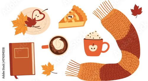 Cozy Autumn Fall Season Flat Lay With Pie, Coffee, Book, Scarf and Leaves