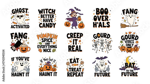 Spooky Halloween Phrases Collection: A creative and colorful assortment of Halloween-themed illustrations and phrases, perfect for adding a touch of spookiness to your projects.