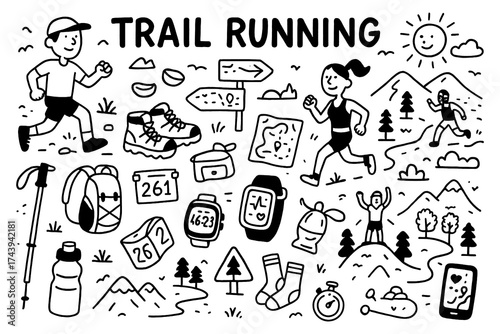 Trail running doodle with runners, mountains, medals, and outdoor adventure icons, Transparent Background