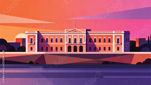 Illustration Of Asuncion, Palacio De Los Lopez On The Banks Of The Paraguay River, Dusk Atmosphere Vector Design Template