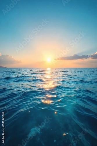 Tranquil Ocean Seascape Warm Sunrise Glow on Calm Waters, Breathtaking Horizon View, Perfect for Travel, Nature, and Serenity Themes