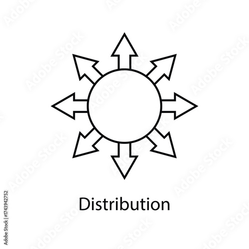 Minimal line icon showing a central circle with outward arrows symbolizing distribution, expansion, and logistics. Perfect for business, marketing, supply chain, and network concept designs.