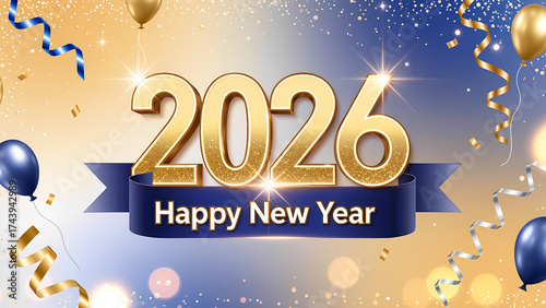 2026 Happy New Year greeting card. Banner with 2026 gold numbers with shining particles, glow light effect and glitter texture