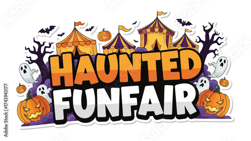 Haunted Funfair: A colorful illustration invites viewers to a Halloween-themed funfair filled with spooky decorations and thrilling experiences.