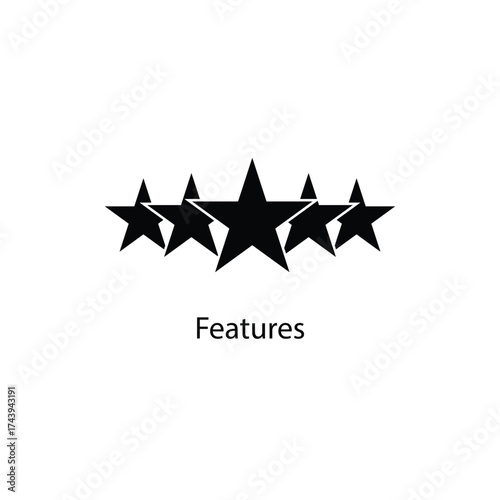 Minimalist five-star rating icon representing quality, features, or excellence. Simple black silhouette design suitable for review, ranking, feedback, or performance evaluation concepts.