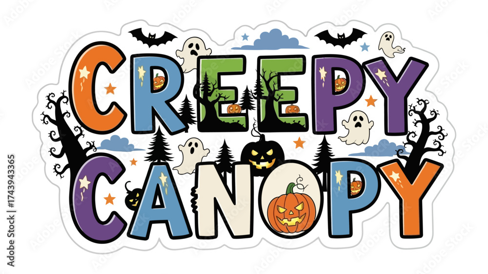 Naklejka premium Creepy Canopy Illustration: A vibrant and spooky illustration spells out Creepy Canopy, perfect for Halloween, decorated with Halloween-themed elements.
