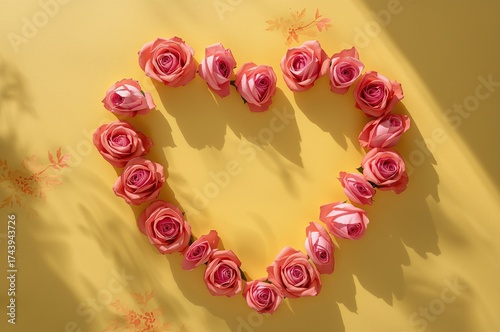 Artistic arrangement of heart-formed roses against a vibrant background with shadows and room for a message. Ideal for occasions like Valentine's Day, Easter, weddings, or Mother's Day.