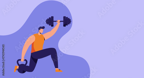 Strong man exercising with dumbbell and kettlebell Fitness health active lifestyle concept