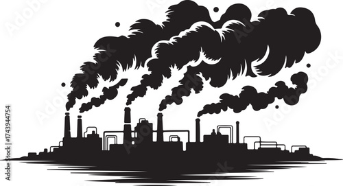 Factory Emission Skyline Silhouette: Dark Industrial Landscape