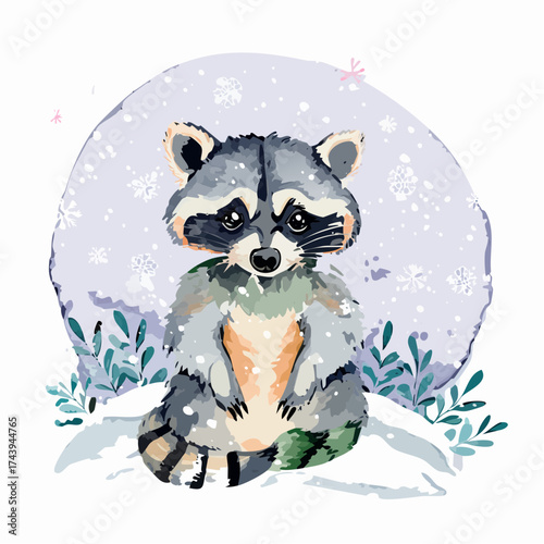Ein Waschbär-Junges sitzt im Schnee, das flauschige Fell leicht von Schneeflocken bedeckt