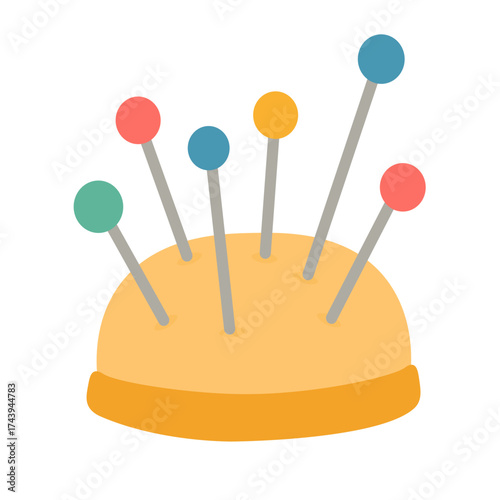 Flat vector illustration of a yellow pincushion with colorful sewing pins, isolated cute minimal cartoon clipart.
