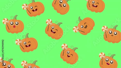 Cute Animated Halloween Pumpkin Pattern Loop with Green Screen Background. Cartoon Jack-o'-Lantern Seamless Wallpaper Transition.