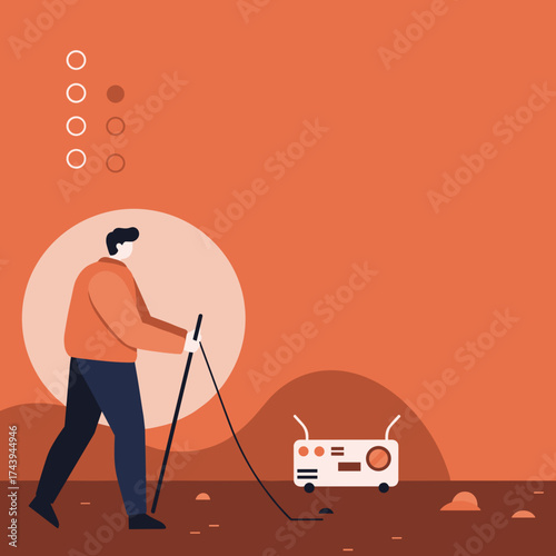 Man exploring a barren alien landscape with scientific equipment searching for discovery