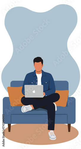 Man on sofa with laptop embodying remote work freelancing and comfortable digital lifestyle