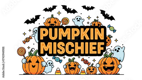 Pumpkin Mischief: Whimsical Halloween illustration showcases cheerful pumpkins, playful ghosts, and fluttering bats. This festive design exudes the playful spirit of Halloween.