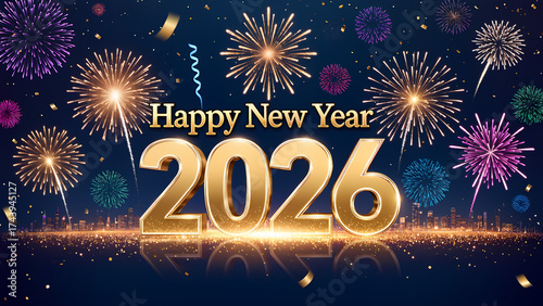 2026 Happy New Year greeting card. Banner with 2026 gold numbers with shining particles, glow light effect and glitter texture
