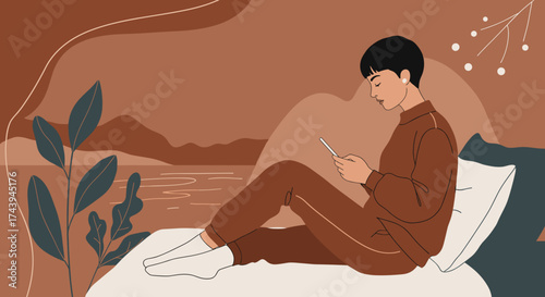 Calm woman in bed engaged with smartphone in a serene modern home setting