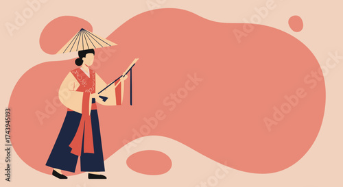 Graceful Asian figure in traditional costume and conical hat holding a staff Cultural journey