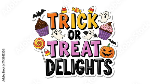 Halloween Delights: A whimsical and vibrant illustration of the festive phrase Trick or Treat Delights, surrounded by classic Halloween elements, capturing the joyous essence of the holiday season. 
