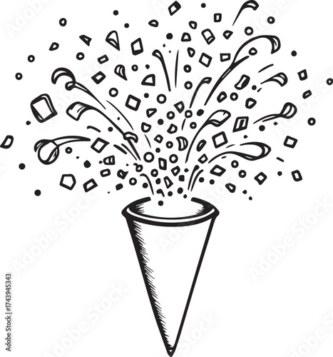   
Black and white vector illustration of party popper bursting with confetti, streamers, and festive motion lines