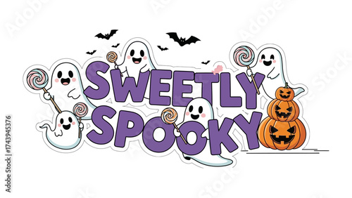 Sweetly Spooky: Embrace the spooky season with whimsical charm! Adorable ghosts, playfully holding sweet treats and surrounded by cheerful jack-o'-lanterns.