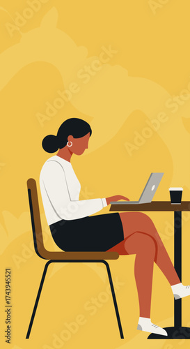Focused woman working on laptop at a cafe table with coffee Remote work digital nomad lifestyle