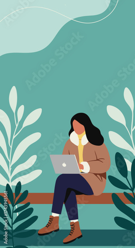 Digital nomad working remotely on laptop in a tranquil natureinspired setting