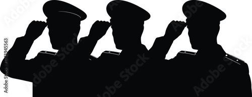 Three uniformed figures in silhouette salute with solemn respect