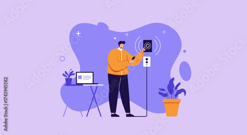 Man controls smart home device with smartphone Home automation IoT modern living technology concept