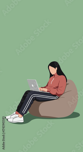 Young woman working remotely on laptop from a comfy beanbag chair Remote work freelancing lifestyle