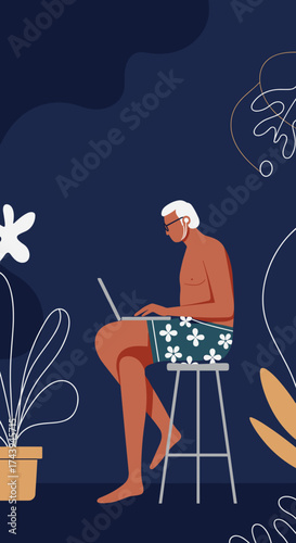 Senior man working remotely on laptop in a relaxed tropical setting Digital nomad lifestyle