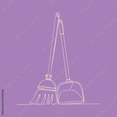 Minimalist line drawing of a broom and dustpan set on a pastel purple emphasizing cleaning tools