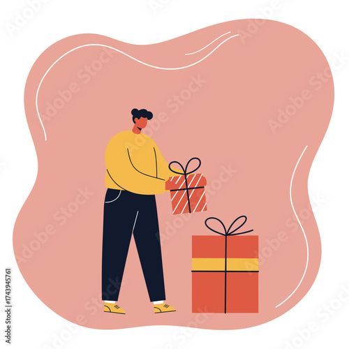 Person holding a striped gift box next to another celebrating a special occasion