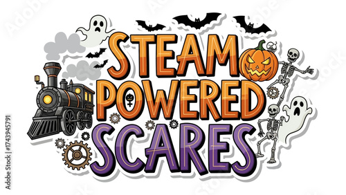 Steam Powered Scares: Whimsical illustration conjuring the spirit of Halloween, with a steam train, jack-o'-lanterns, spectral figures, and shadowy bats creating an atmosphere of spooky celebration.
